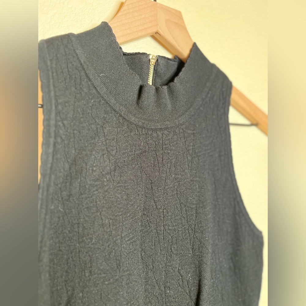 Great Jones Jacquard Mini Dress Black Fit Flare Mock Neck Quiet Luxury Chic LBD - Picture 4 of 11